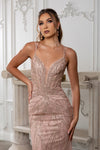 Load image into Gallery viewer, Wholesale Beaded Mesh Mermaid Evening Gown Strappy V-Neck Formal Dress with Lace-Up Back by LA8222 - - Prom Dress LA Merchandise