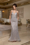 Load image into Gallery viewer, Wholesale Beaded Mesh Mermaid Evening Gown Strappy V-Neck Formal Dress with Lace-Up Back by LA8222 - SILVER NUDE - Prom Dress LA Merchandise