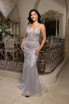 Load image into Gallery viewer, Wholesale Beaded Mesh Mermaid Gown Deep V-Neck, Lace-Up Back, Fully Embellished by LA8223 - SILVER NUDE - Prom Dress LA Merchandise