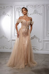 Load image into Gallery viewer, Wholesale Off Shoulder Sequin Evening Gown with Illusion Bodice &amp; Tulle Overskirt by LA8224 - CHAMPAGNE - Prom Dress LA Merchandise