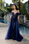 Load image into Gallery viewer, Wholesale Off Shoulder Sequin Evening Gown with Illusion Bodice &amp; Tulle Overskirt by LA8224
