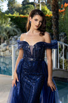 Load image into Gallery viewer, Wholesale Off Shoulder Sequin Evening Gown with Illusion Bodice &amp; Tulle Overskirt by LA8224