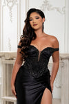 Load image into Gallery viewer, Wholesale Off Shoulder Beaded Corset Satin Evening Gown with Lace-Up Back &amp; Thigh Slit by LA8227 - - Prom Dress LA Merchandise
