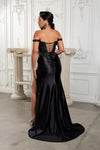 Load image into Gallery viewer, Wholesale Off Shoulder Beaded Corset Satin Evening Gown with Lace-Up Back &amp; Thigh Slit by LA8227 - - Prom Dress LA Merchandise