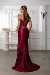 Load image into Gallery viewer, Wholesale Off Shoulder Beaded Corset Satin Evening Gown with Lace-Up Back &amp; Thigh Slit by LA8227 - - Prom Dress LA Merchandise
