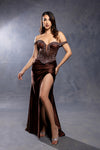 Load image into Gallery viewer, Wholesale Off Shoulder Beaded Corset Satin Evening Gown with Lace-Up Back &amp; Thigh Slit by LA8227 - CHOCOLATE - Prom Dress LA Merchandise