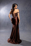 Load image into Gallery viewer, Wholesale Off Shoulder Beaded Corset Satin Evening Gown with Lace-Up Back &amp; Thigh Slit by LA8227 - - Prom Dress LA Merchandise