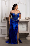 Load image into Gallery viewer, Wholesale Off Shoulder Beaded Corset Satin Evening Gown with Lace-Up Back &amp; Thigh Slit by LA8227 - - Prom Dress LA Merchandise