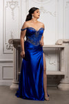 Load image into Gallery viewer, Wholesale Off Shoulder Beaded Corset Satin Evening Gown with Lace-Up Back &amp; Thigh Slit by LA8227 - - Prom Dress LA Merchandise