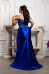 Load image into Gallery viewer, Wholesale Off Shoulder Beaded Corset Satin Evening Gown with Lace-Up Back &amp; Thigh Slit by LA8227 - - Prom Dress LA Merchandise