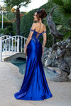 Load image into Gallery viewer, Wholesale Off Shoulder Beaded Corset Satin Evening Gown with Lace-Up Back &amp; Thigh Slit by LA8227