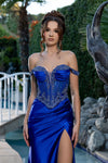 Load image into Gallery viewer, Wholesale Off Shoulder Beaded Corset Satin Evening Gown with Lace-Up Back &amp; Thigh Slit by LA8227