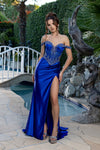 Load image into Gallery viewer, Wholesale Off Shoulder Beaded Corset Satin Evening Gown with Lace-Up Back &amp; Thigh Slit by LA8227