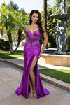 Load image into Gallery viewer, Wholesale Off Shoulder Beaded Corset Satin Evening Gown with Lace-Up Back &amp; Thigh Slit by LA8227