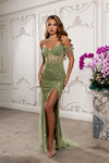 Load image into Gallery viewer, Wholesale Off-Shoulder Sequin Beaded Sheath Gown with High Slit Prom Evening Dress by LA8231 - ARMY SAGE - Dresses LA Merchandise