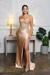 Load image into Gallery viewer, Wholesale Beaded Corset Satin Gown with High Slit Strapless Mermaid Formal Dress by LA8232 - CHAMPAGNE - Prom Dress LA Merchandise