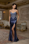 Load image into Gallery viewer, Wholesale Beaded Corset Satin Gown with High Slit Strapless Mermaid Formal Dress by LA8232 - DUSTY BLUE - Prom Dress LA Merchandise