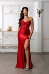 Load image into Gallery viewer, Wholesale Beaded Corset Satin Gown with High Slit Strapless Mermaid Formal Dress by LA8232 - RED - Prom Dress LA Merchandise