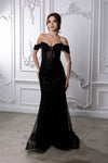 Load image into Gallery viewer, Wholesale Off Shoulder Beaded Mermaid Evening Gown Sheer Corset Bodice Lace-Up Back by LA8233 - BLACK - Prom Dress LA Merchandise