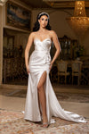 Load image into Gallery viewer, Wholesale Strapless Satin Sheath Wedding Dress with Lace Appliqué High Slit &amp; Train by LA8239 - IVORY - Wedding Dress LA Merchandise