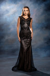 Load image into Gallery viewer, Wholesale V-Neck Illusion Sleeve Beaded Mermaid Prom Evening Gown with Sweep Train by LA8245 - BLACK NUDE - Dresses LA Merchandise
