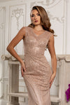 Load image into Gallery viewer, Wholesale V-Neck Illusion Sleeve Beaded Mermaid Prom Evening Gown with Sweep Train by LA8245 - - Dresses LA Merchandise