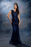 Load image into Gallery viewer, Wholesale V-Neck Illusion Sleeve Beaded Mermaid Prom Evening Gown with Sweep Train by LA8245 - NAVY - Dresses LA Merchandise