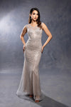 Load image into Gallery viewer, Wholesale V-Neck Illusion Sleeve Beaded Mermaid Prom Evening Gown with Sweep Train by LA8245 - SILVER NUDE - Dresses LA Merchandise
