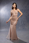 Load image into Gallery viewer, Wholesale V-Neck Illusion Sleeve Beaded Mermaid Prom Evening Gown with Sweep Train by LA8245 - CHAMPAGNE - Dresses LA Merchandise