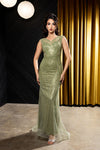 Load image into Gallery viewer, Wholesale V-Neck Illusion Sleeve Beaded Mermaid Prom Evening Gown with Sweep Train by LA8245 - OLIVE - Dresses LA Merchandise