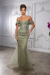 Load image into Gallery viewer, Wholesale Off-Shoulder Sweetheart Beaded Glitter Tulle Mermaid Prom Evening Gown by LA8247 - OLIVE - Dresses LA Merchandise