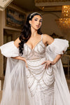 Load image into Gallery viewer, Wholesale Deep V Sweetheart Pearl Beaded Sheath Wedding Bridal Gown with Tulle Cape by LA8251 - - Wedding Dress LA Merchandise