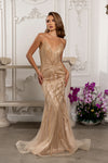 Load image into Gallery viewer, Wholesale Beaded Sheath Prom Evening Gown with Detachable Glitter Tulle Overskirt by LA8253 - GOLD - Dresses LA Merchandise