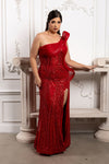 Load image into Gallery viewer, Wholesale Luxury One Shoulder Beaded Gown with Sculpted Pleated Detail &amp; High Slit by LA8254 - - Prom Dress LA Merchandise