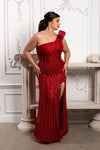 Load image into Gallery viewer, Wholesale Luxury One Shoulder Beaded Gown with Sculpted Pleated Detail &amp; High Slit by LA8254 - - Prom Dress LA Merchandise