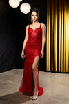 Load image into Gallery viewer, Wholesale Sweetheart Spaghetti Strap Beaded Sheath Prom Evening Gown with Slit by LA8255 - RED - Dresses LA Merchandise
