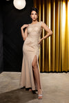 Load image into Gallery viewer, Wholesale Cap Sleeve Scoop Neck Beaded Lace Appliqué Sheath Evening Gown with Slit by LA8256