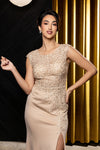 Load image into Gallery viewer, Wholesale Cap Sleeve Scoop Neck Beaded Lace Appliqué Sheath Evening Gown with Slit by LA8256
