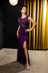 Load image into Gallery viewer, Wholesale Cap Sleeve Scoop Neck Beaded Lace Appliqué Sheath Evening Gown with Slit by LA8256