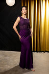 Load image into Gallery viewer, Wholesale Cap Sleeve Scoop Neck Beaded Lace Appliqué Sheath Evening Gown with Slit by LA8256