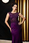 Load image into Gallery viewer, Wholesale Cap Sleeve Scoop Neck Beaded Lace Appliqué Sheath Evening Gown with Slit by LA8256