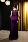 Load image into Gallery viewer, Wholesale Cap Sleeve Scoop Neck Beaded Lace Appliqué Sheath Evening Gown with Slit by LA8256