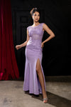 Load image into Gallery viewer, Wholesale Cap Sleeve Scoop Neck Beaded Lace Appliqué Sheath Evening Gown with Slit by LA8256