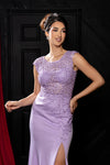 Load image into Gallery viewer, Wholesale Cap Sleeve Scoop Neck Beaded Lace Appliqué Sheath Evening Gown with Slit by LA8256