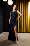 Load image into Gallery viewer, Wholesale Cap Sleeve Scoop Neck Beaded Lace Appliqué Sheath Evening Gown with Slit by LA8256