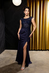 Load image into Gallery viewer, Wholesale Cap Sleeve Scoop Neck Beaded Lace Appliqué Sheath Evening Gown with Slit by LA8256