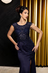 Load image into Gallery viewer, Wholesale Cap Sleeve Scoop Neck Beaded Lace Appliqué Sheath Evening Gown with Slit by LA8256