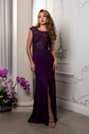 Load image into Gallery viewer, Wholesale Cap Sleeve Scoop Neck Beaded Lace Appliqué Sheath Evening Gown with Slit by LA8256