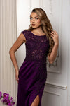 Load image into Gallery viewer, Wholesale Cap Sleeve Scoop Neck Beaded Lace Appliqué Sheath Evening Gown with Slit by LA8256