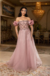 Load image into Gallery viewer, Wholesale Off-Shoulder Satin Rosette Beaded Scallop Illusion Corset A-Line Evening Gown by LA8260